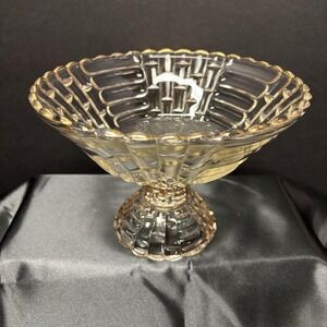 Vtg 1950s Jeannette Glass Louisa Clear Footed Fruit‎ Bowl Compote Gold Trim MCM